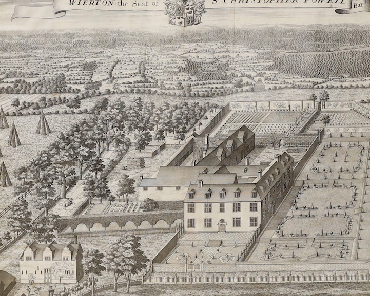 Harris after Badeslade, two engravings, Views of Boughton Court and Wierton, 35 x 42cm